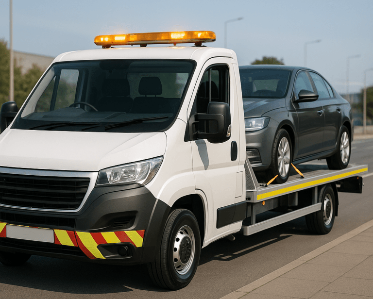 Modern flatbed car recovery truck in Leamington Spa