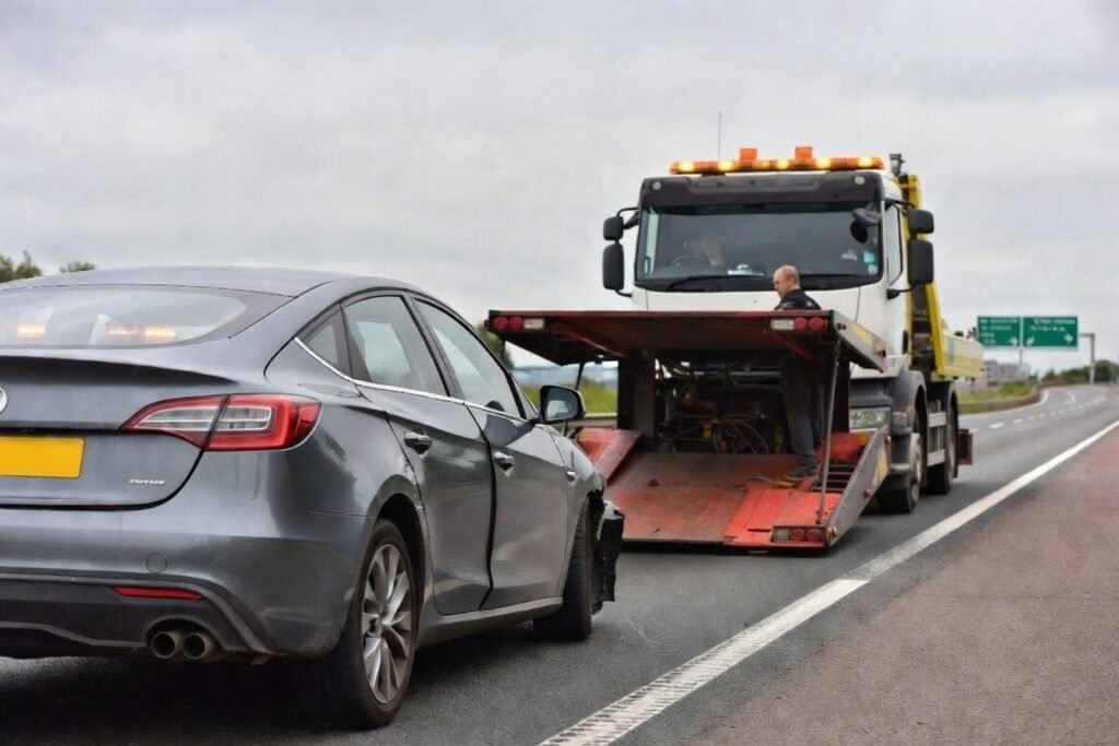 Recovery truck assisting a broken-down car on a UK motorway near Rugby, with hazard lights on and roadside assistance in progress.