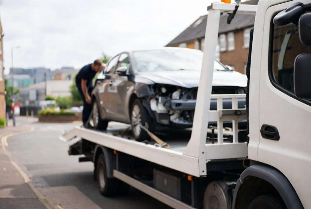 Vehicle recovery truck transporting a broken-down car to a garage in Coventry
