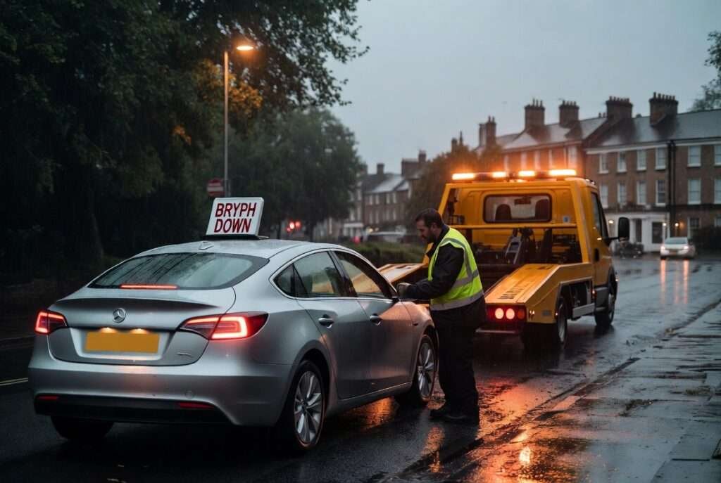 breakdown recovery Leamington Spa – R&K Recovery tow truck helping a stranded car on the roadside