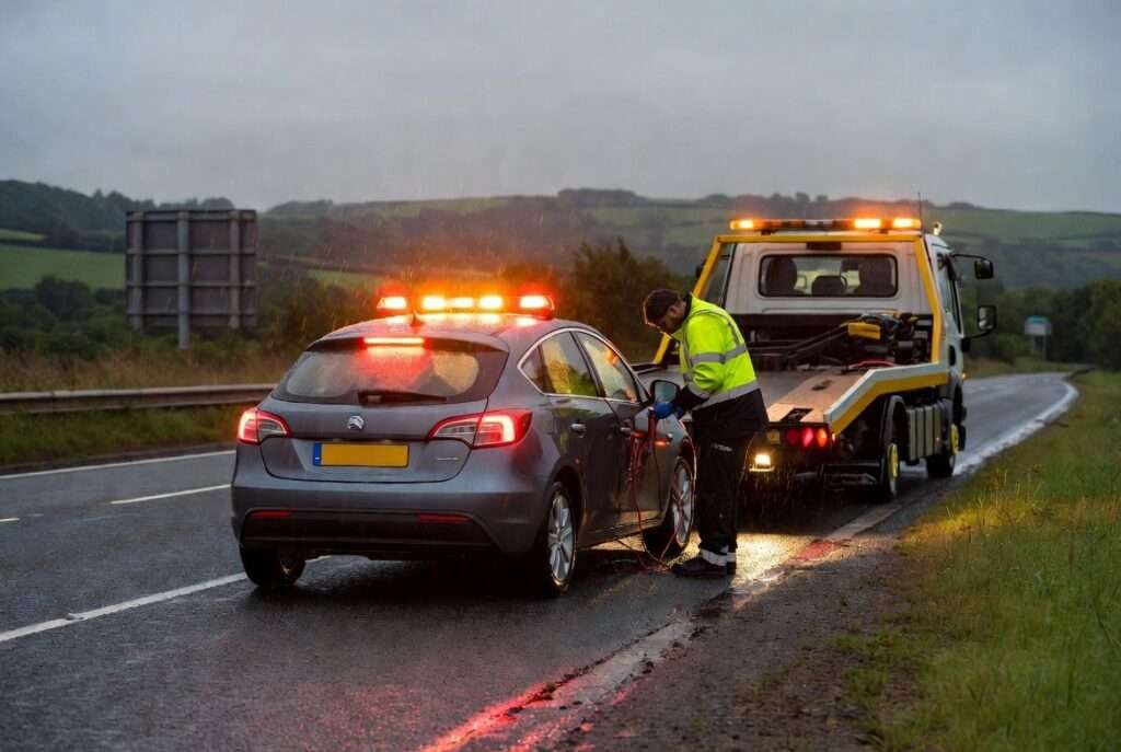 emergency roadside assistance Rugby – R&K Recovery tow truck helping stranded car on rainy road